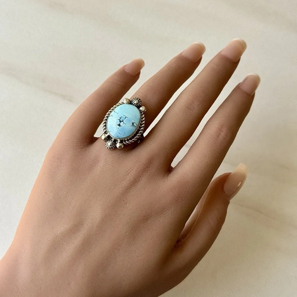 Navajo Blue Golden Hils Turquoise Ring Size 9 Signed Shakey Sterling Native Amer
